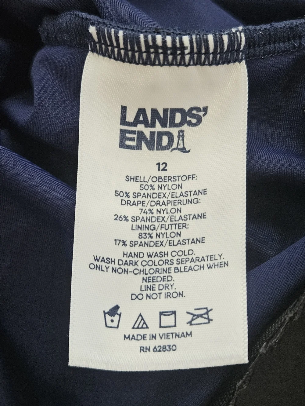 Lands’ End Slender Suit One Piece Swimsuit Womens 12 Blue Ruched Tummy Control